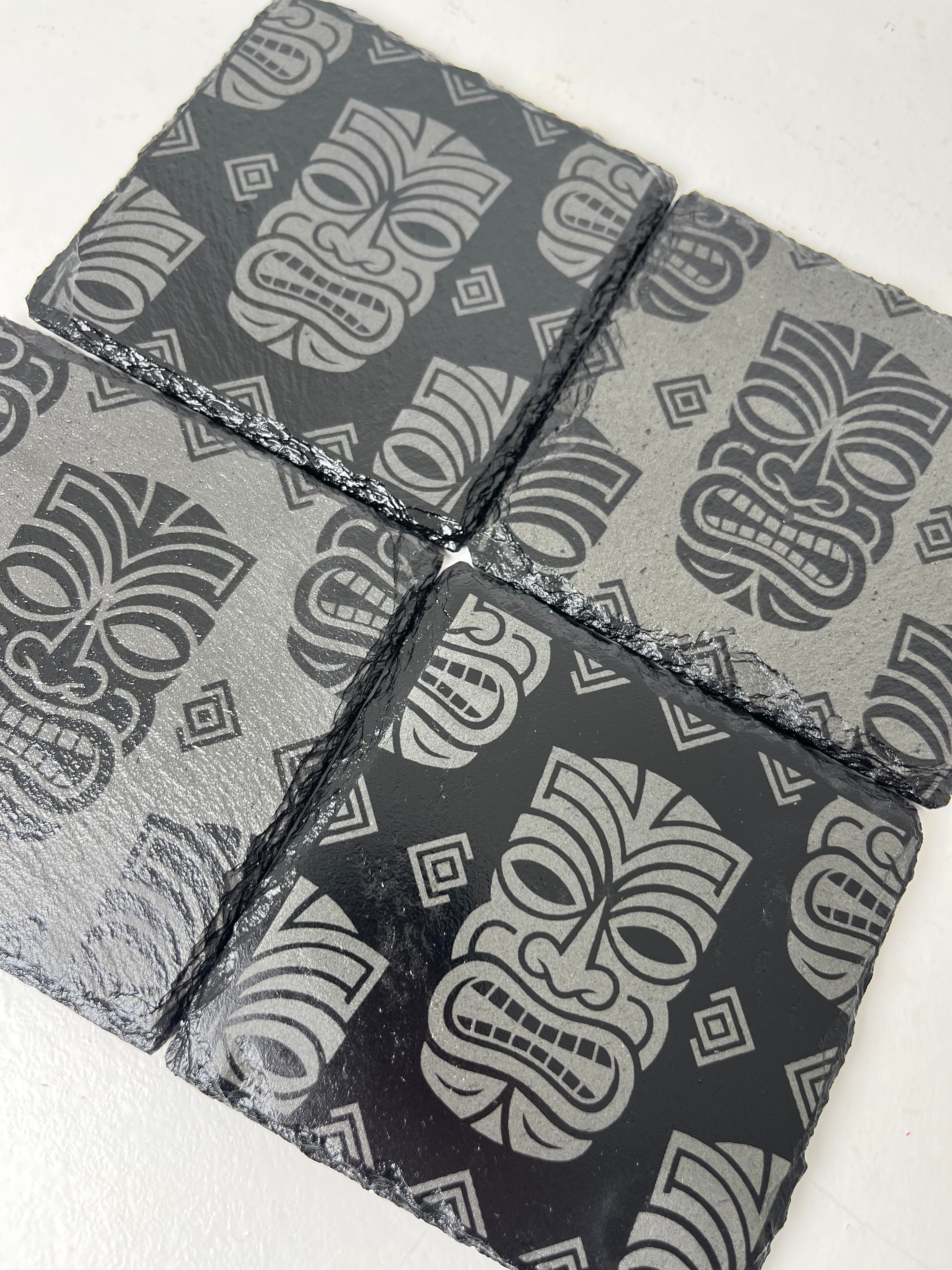 Polynesian Tiki Dude Raw Edge Slate Coaster Set - Set of 4