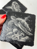 Sea Turtle Raw Edge Slate Coaster Set - Set of 2