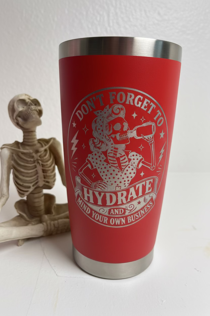 Yellow tumbler with skeleton design and text 'Don't forget to hydrate and mind your own business' 
