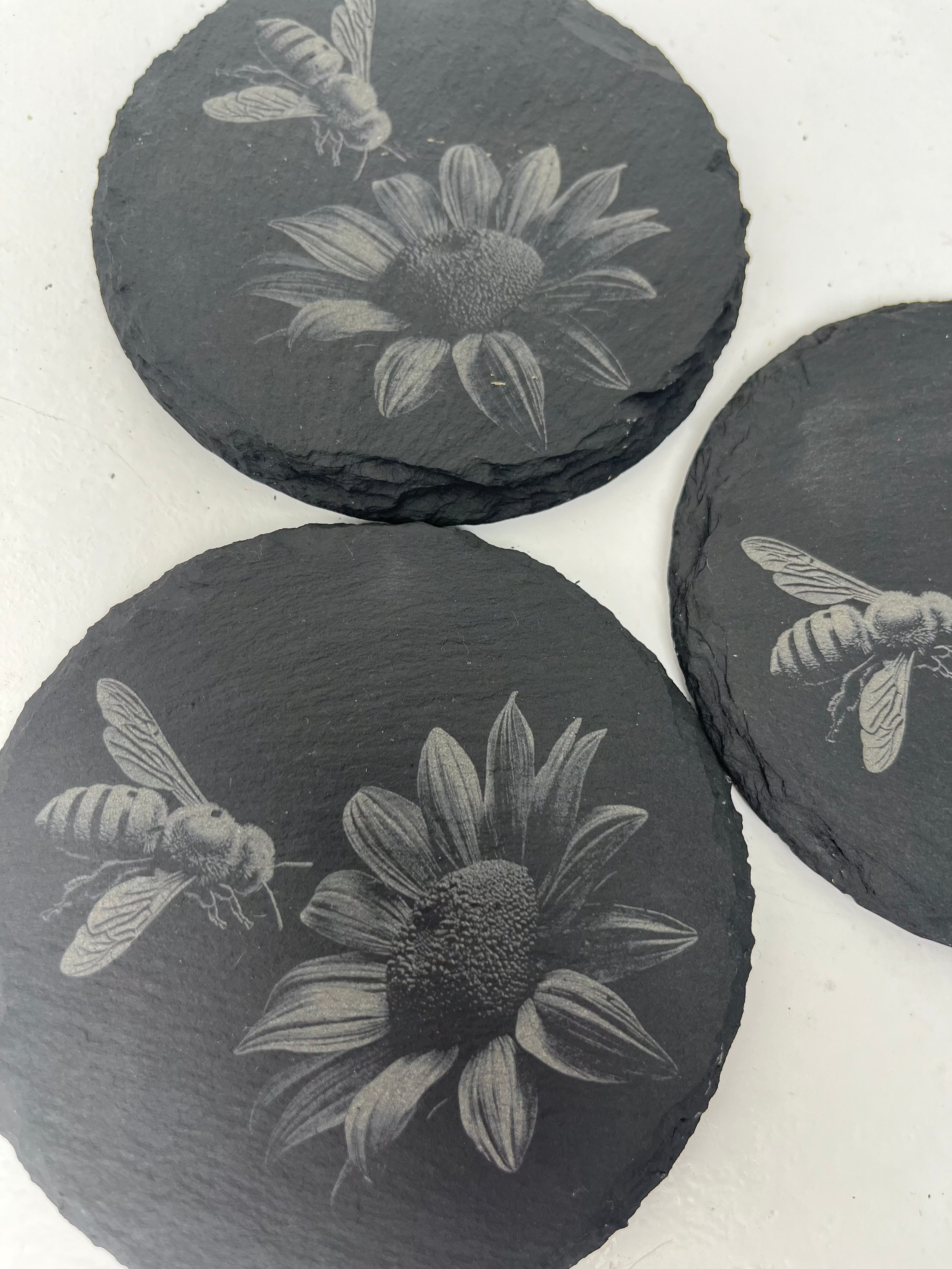 Bee and Sunflower Raw Edge Slate Coaster Set - Set of 3