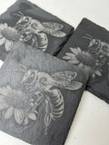 Bee and Flower Raw Edge Slate Coaster Set - Set of 3