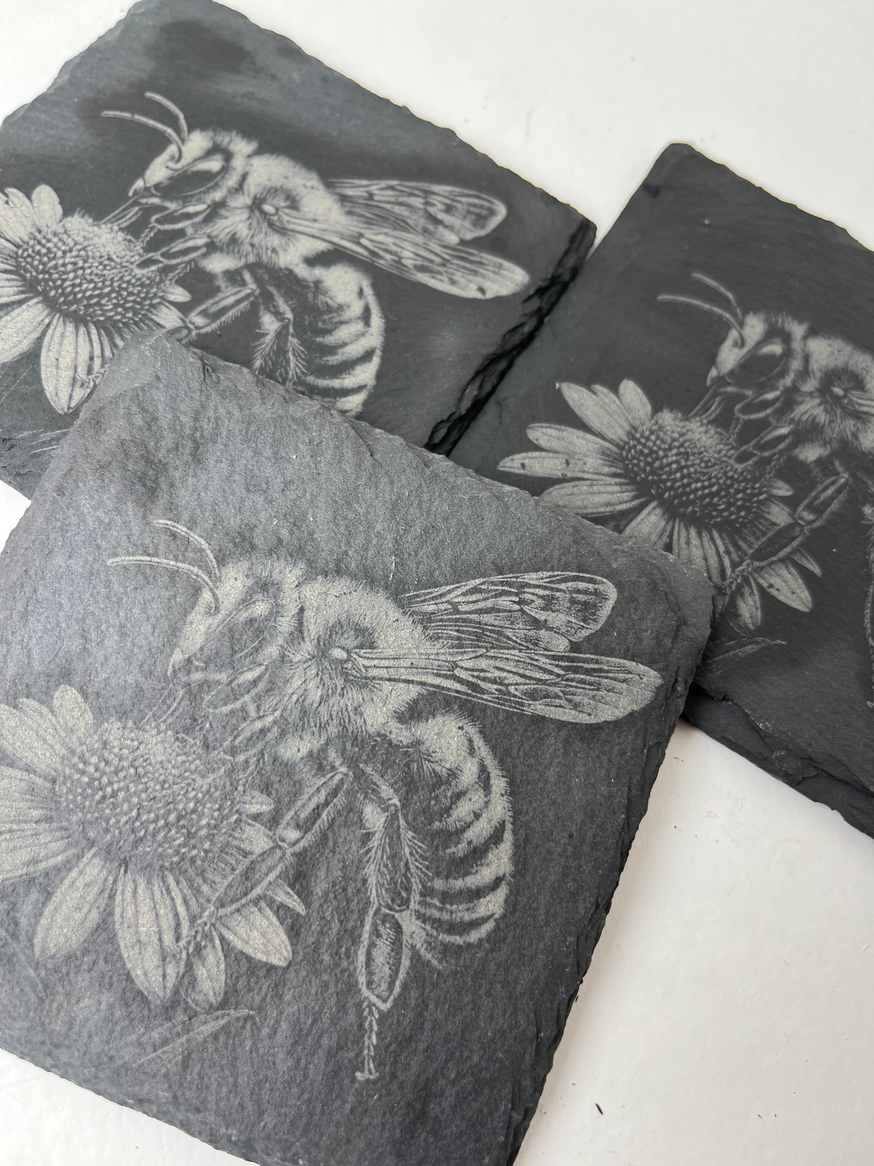 Bee and Flower Raw Edge Slate Coaster Set - Set of 3