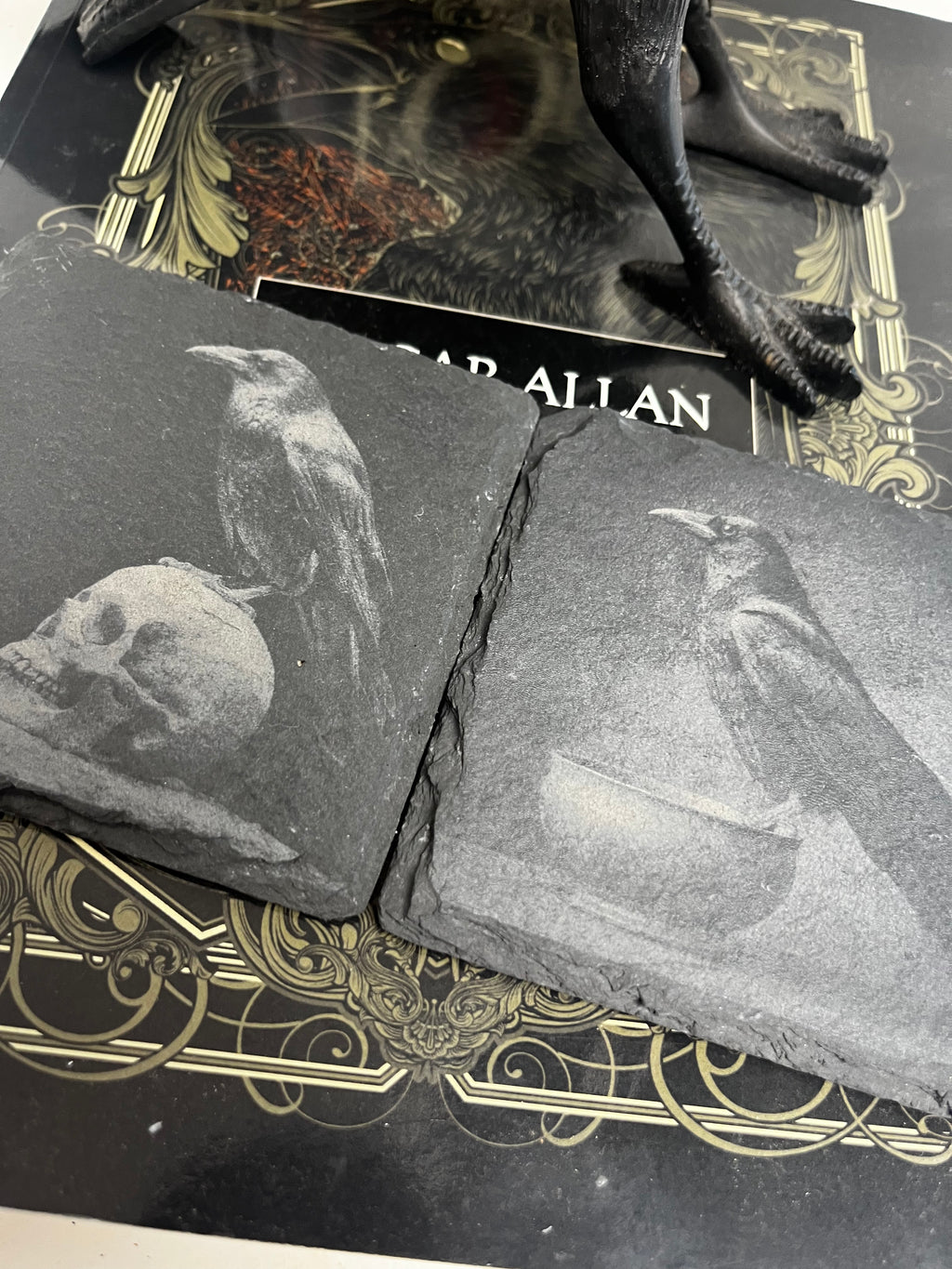 Crow Raven Raw Edge Slate Coaster Set - set of 2