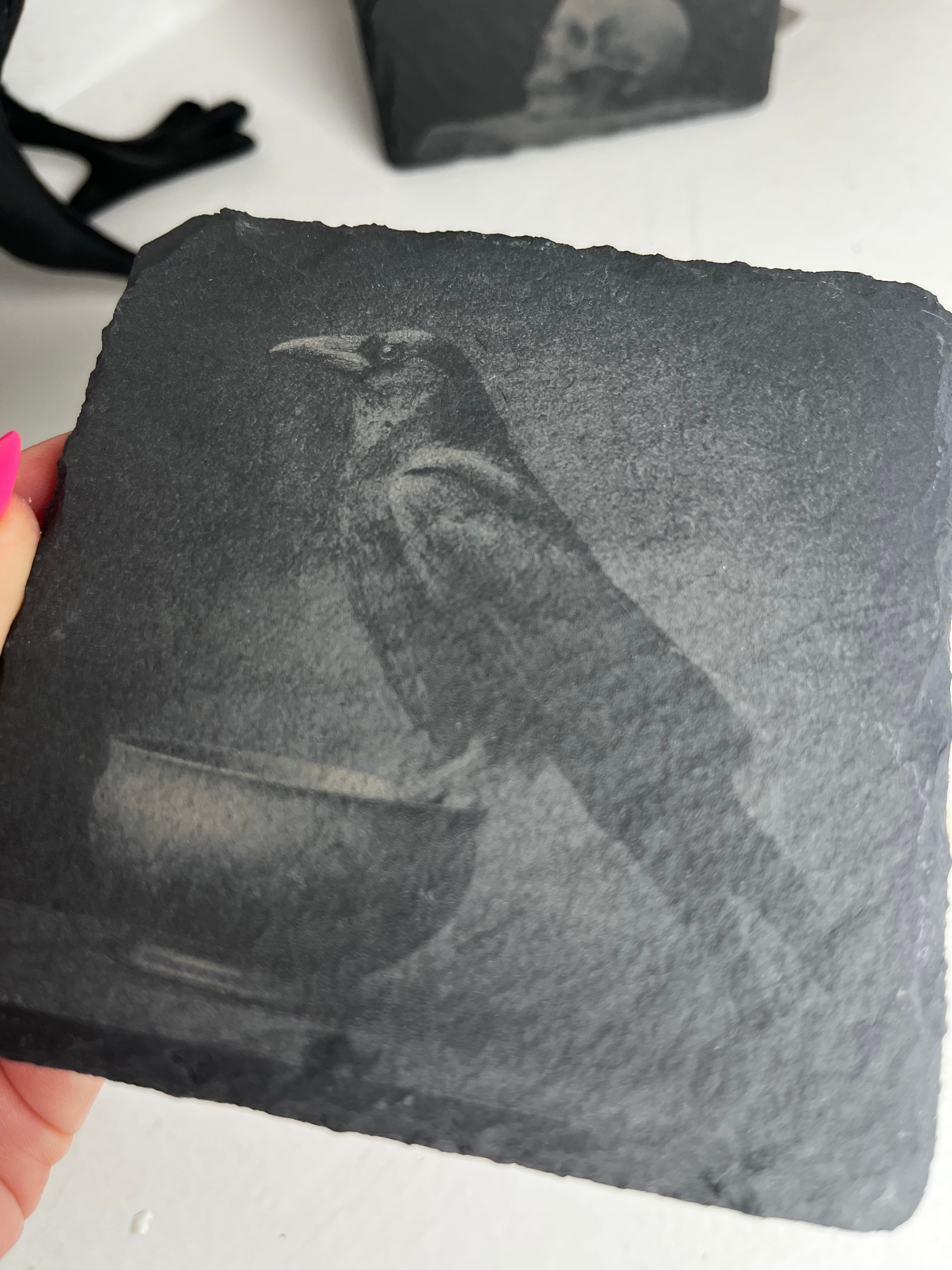 Crow Raven Raw Edge Slate Coaster Set - set of 2