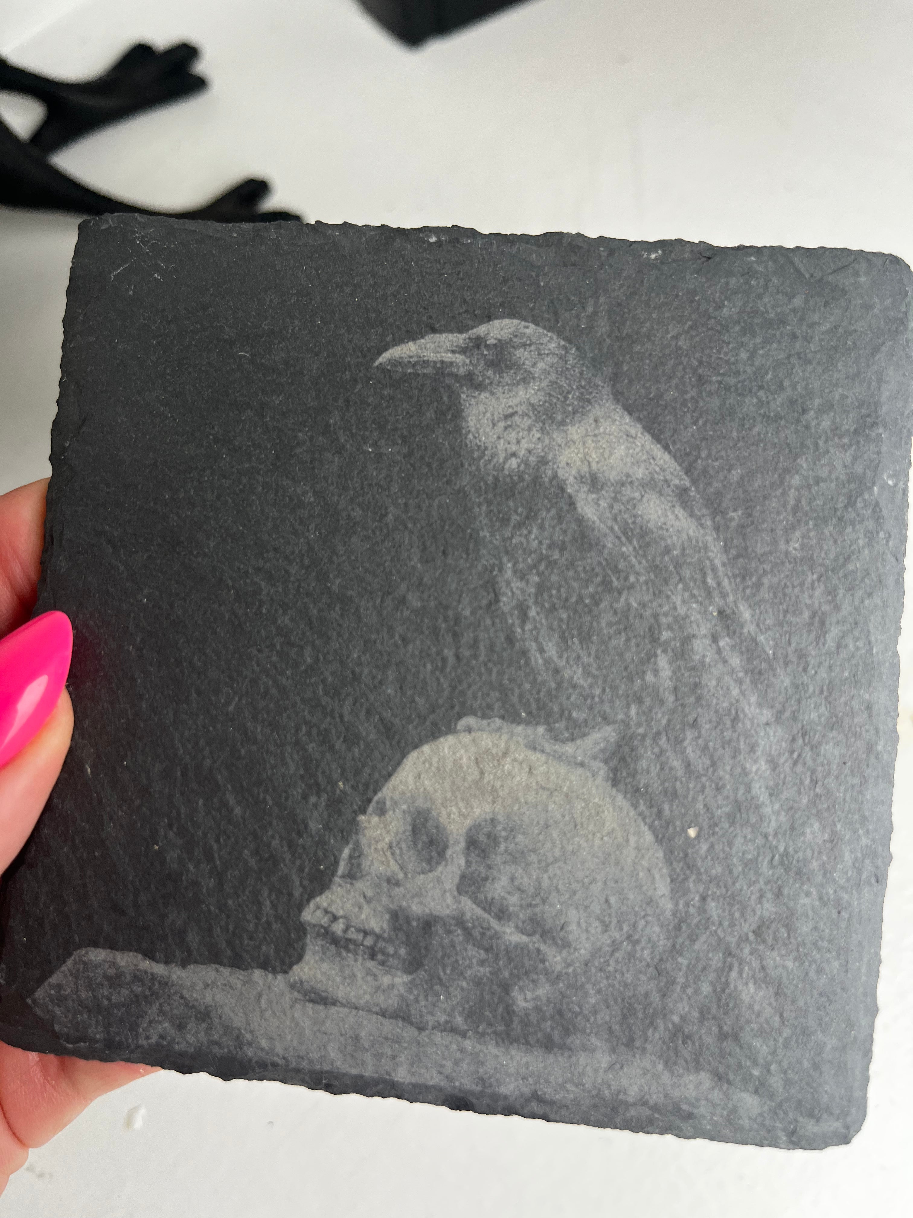 Crow Raven Raw Edge Slate Coaster Set - set of 2