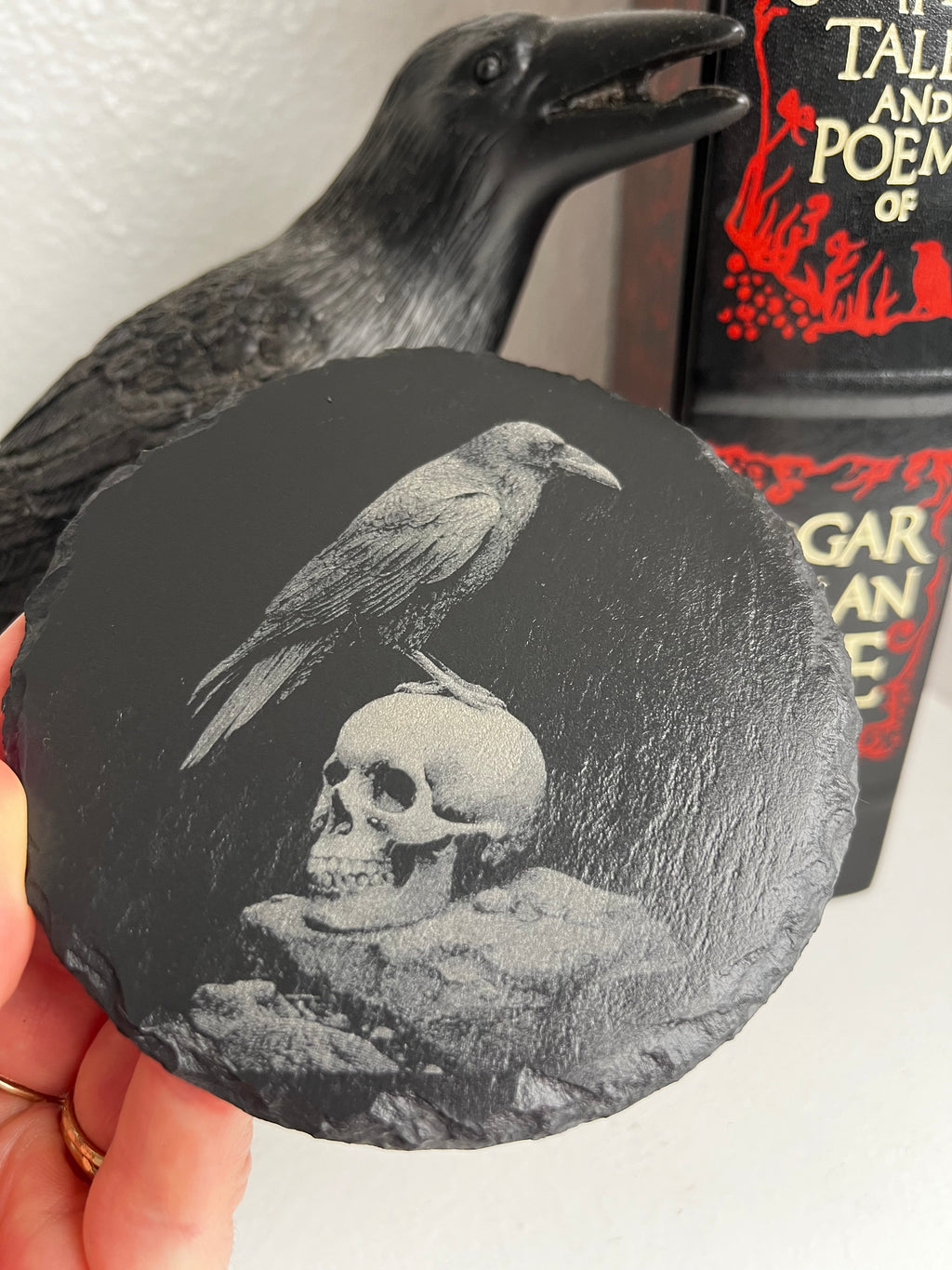 Crow Raven Skull Raw Edge Slate Coaster Set - set of 2