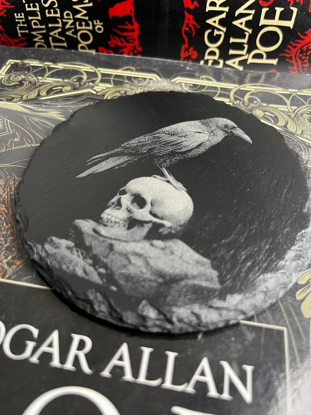 Crow Raven Skull Raw Edge Slate Coaster Set - set of 2