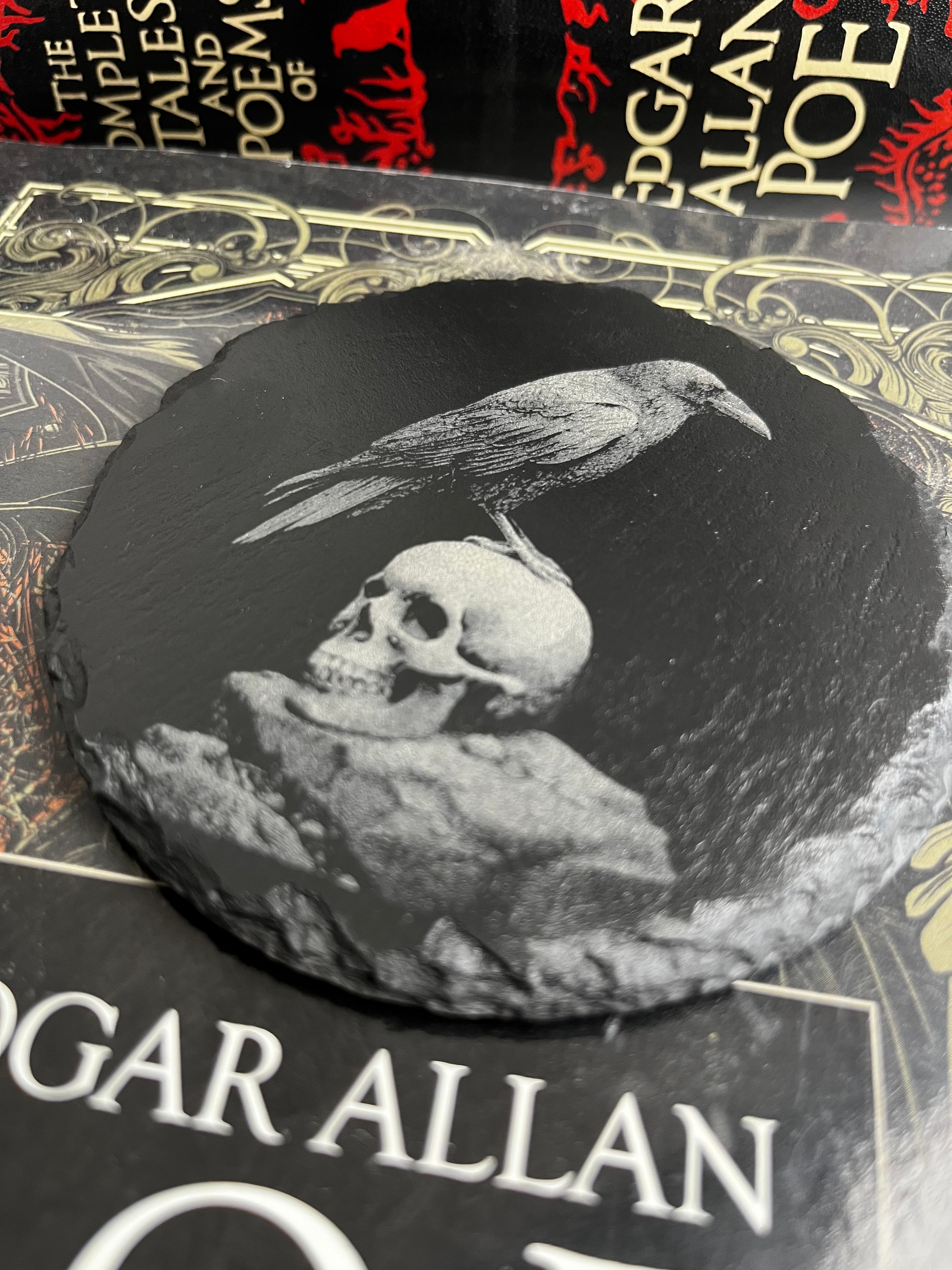 Crow Raven Skull Raw Edge Slate Coaster Set - set of 2