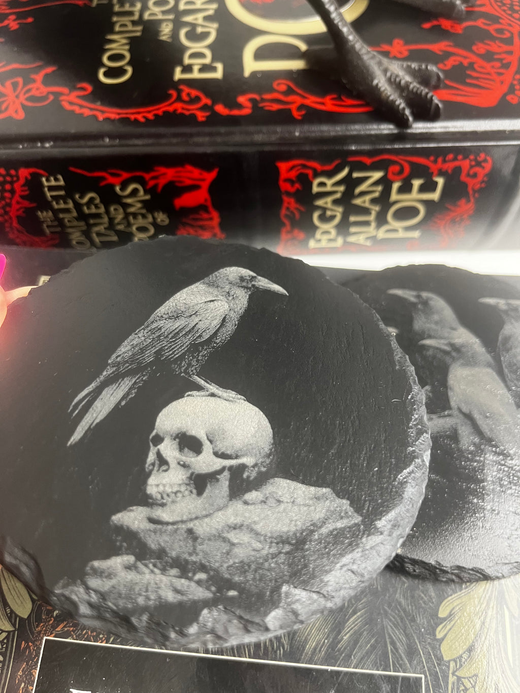 Crow Raven Skull Raw Edge Slate Coaster Set - set of 2