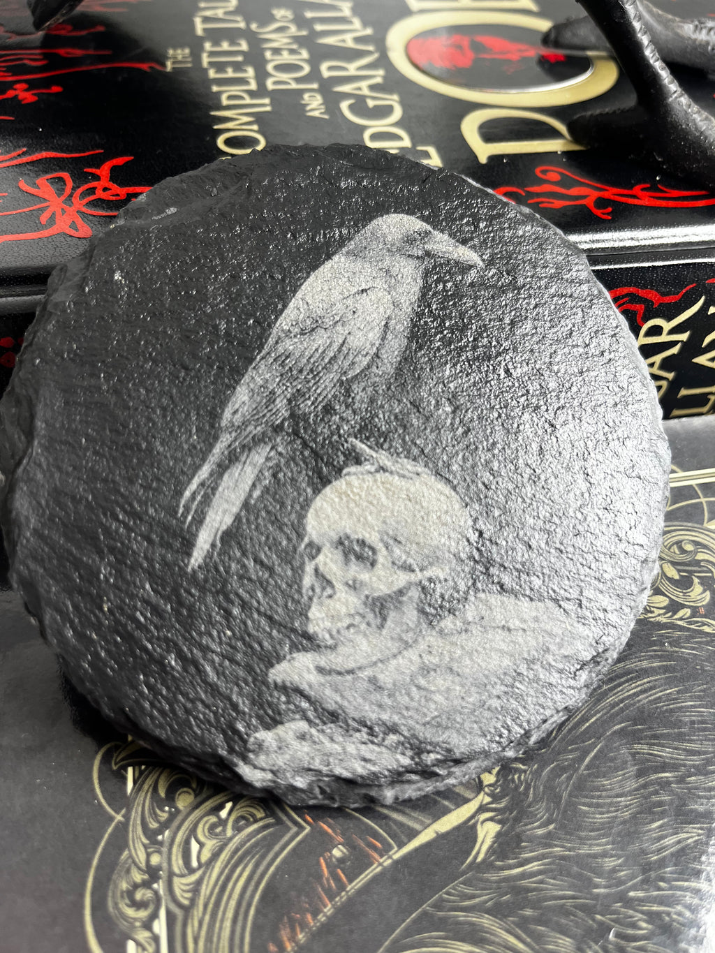 Crow Raven Skull Raw Edge Slate Coaster Set - set of 2