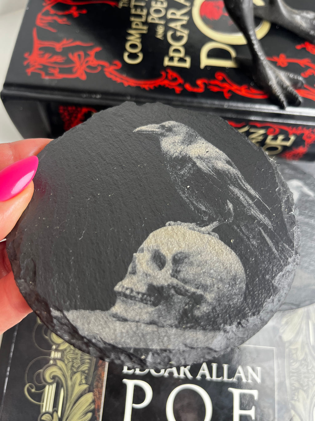 Crow Raven Skull Raw Edge Slate Coaster Set - set of 2