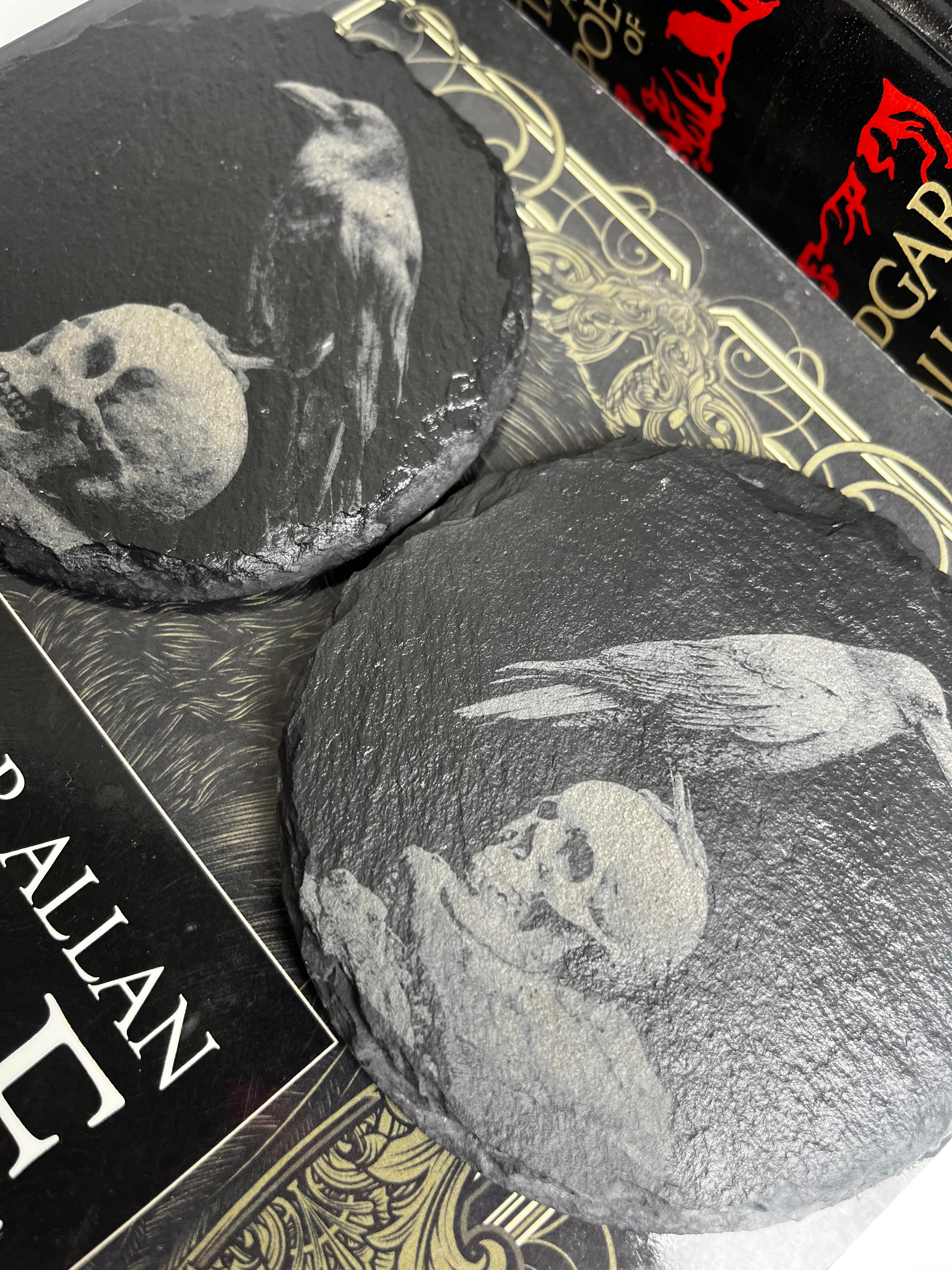 Crow Raven Skull Raw Edge Slate Coaster Set - set of 2